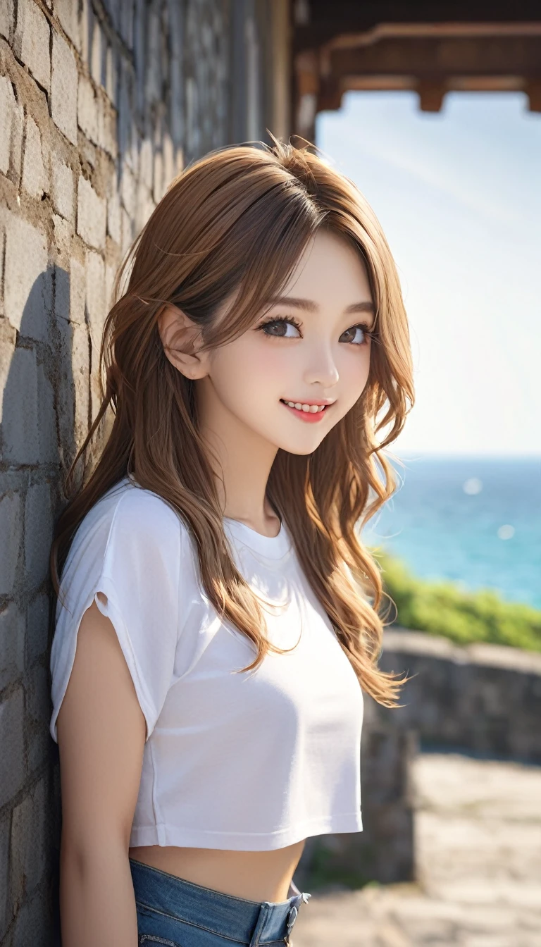 (Raw photography:1.2)、top-quality、Detailed beauty、Beautiful Korean Woman、The most beautiful women in the world、Beautiful sharp face、Long face、21years old、A smile、Happy smile、light brown hair、fluffy and voluminous hair、extra detailed face、beatiful detailed eyes、eye line、Nasal nose、a small face、、tiny chest、Natural sunlight、depth of fields、Blurry background、hight resolution、8k wallpapenely detail、Very detailed 8k wallpaper、light、sexy pose、(photorealisim:1.4)、super detailing、masterpiece、croptop、Small T-shirt、hotpants、shot from a side angle、Road by the sea、lean against the wall、
