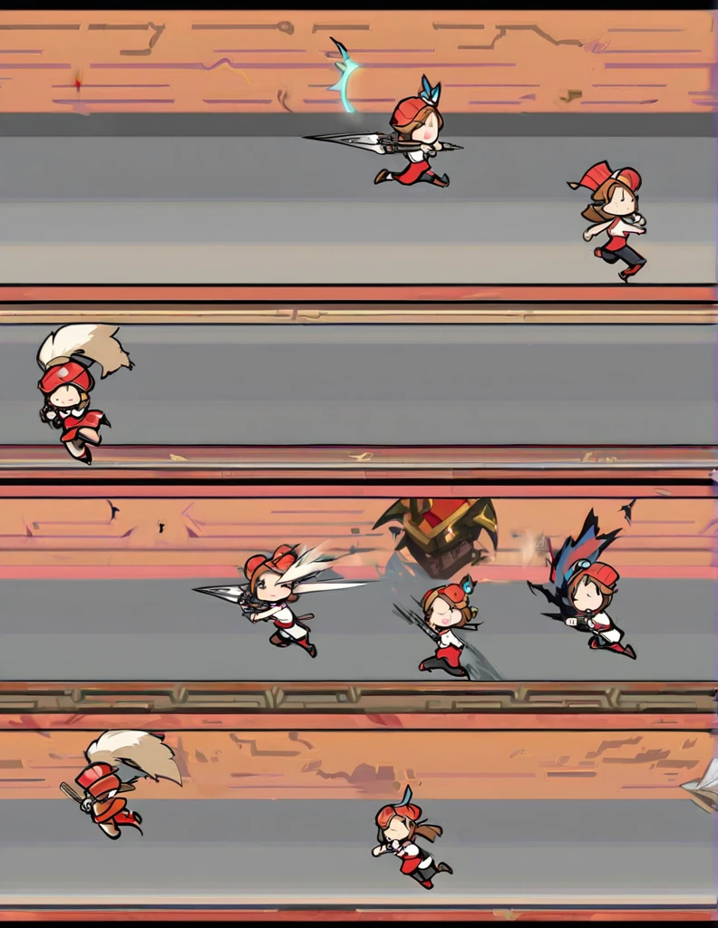 Create a sprite sheet for character animations that includes frames for movement, running, jumping, sword attack, spear attack, and bow attack.