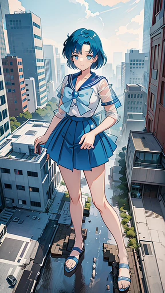 Anime style beauty masterpiece Unreal Engine precision cute girl Giant girl (Ami Mizuno in skyscraper) Short blue hair Sailor Mercury uniform ((Aerial view)) Flood Heavy rain Torrential rain Cloudy sky Dark sky Collapsed building Destroyed ((Destroyed buildings) )) ((Destroyed cars)) ((Pile of rubble)) Giant girl on the road of a big city in the 90s Uniform Sneakers ((Cloudy sky)) Female giant Giant girl's whole body Destroyed skyscrapers, destroyed cars, crowd Unreal Engine,