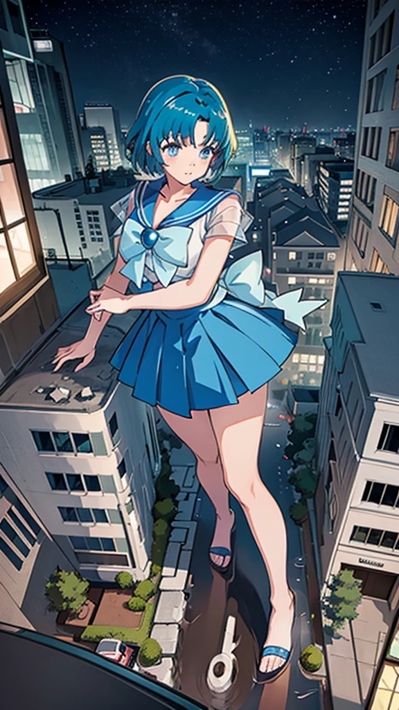 Anime style beauty masterpiece Unreal Engine precision cute girl Giant girl (Ami Mizuno in skyscraper) Short blue hair Sailor Mercury uniform ((Aerial view)) Flood Heavy rain Torrential rain Cloudy sky Dark sky Collapsed building Destroyed ((Destroyed buildings) )) ((Destroyed cars)) ((Pile of rubble)) Giant girl on the road of a big city in the 90s Uniform Sneakers ((Cloudy sky)) Female giant Giant girl's whole body Destroyed skyscrapers, destroyed cars, crowd Unreal Engine,