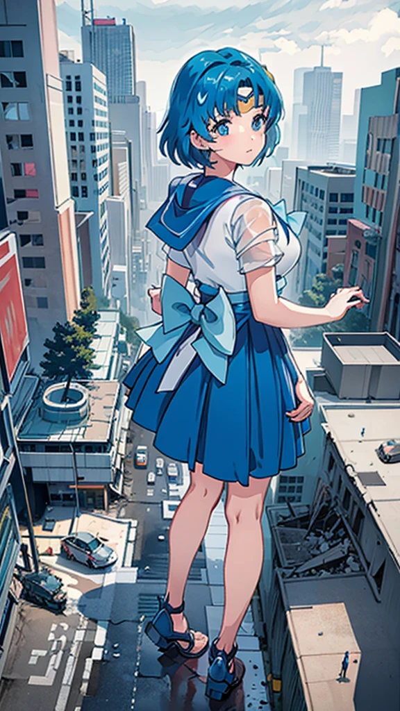 Anime style beauty masterpiece Unreal Engine precision cute girl Giant girl (Ami Mizuno in skyscraper) Short blue hair Sailor Mercury uniform ((Aerial view)) Flood Heavy rain Torrential rain Cloudy sky Dark sky Collapsed building Destroyed ((Destroyed buildings) )) ((Destroyed cars)) ((Pile of rubble)) Giant girl on the road of a big city in the 90s Uniform Sneakers ((Cloudy sky)) Female giant Giant girl's whole body Destroyed skyscrapers, destroyed cars, crowd Unreal Engine,
