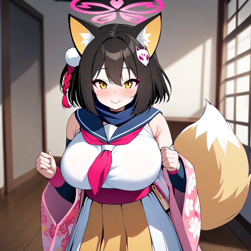izuna(blue archive),1girl,solo,halo,Females in heat,fox ear,one Light brown thick tail,super huge breasts,standing up,near,looking at viewer