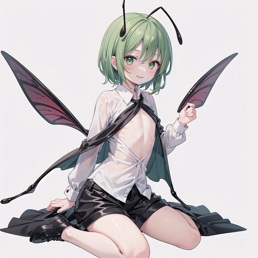 (((one girl))),(((wriggle nightbug))),(touhou),green eyes,antennae,green hair,short hair,swept bangs,white shirt,collared shirt,long sleeves,black shorts,black cape,(((smile))),(((full body))),(((flat chest))),(((model posing))),(((wariza))),(((simple white background))),(((from front)))
