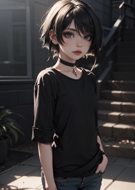 Girl, woman, emo_hairstyle, black lipstick, dog collar, eyeliner, eye shadow, smoky eyes, realistic lighting, short hair, standing up, Casual attire.