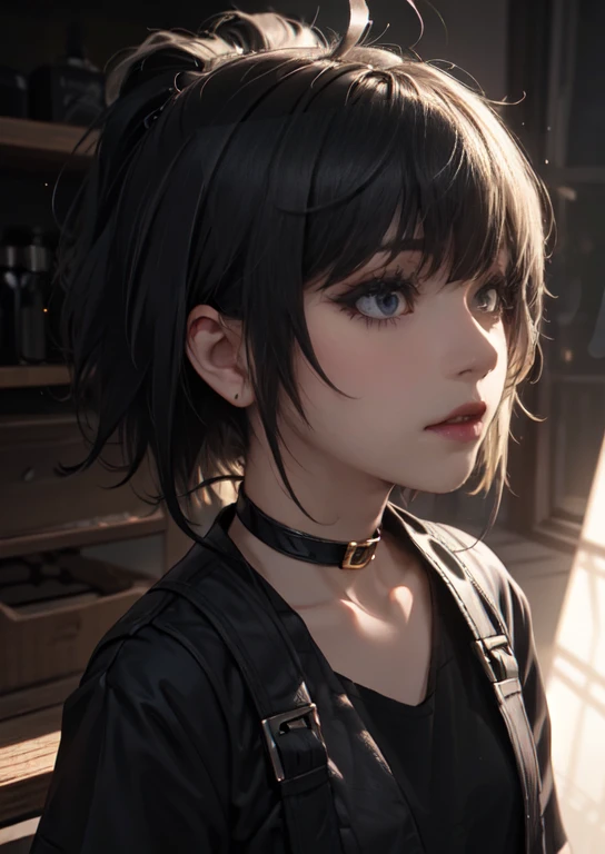 Girl, woman, emo_hairstyle, black lipstick, dog collar, eyeliner, eye shadow, smoky eyes, realistic lighting, short hair, standing up, Casual attire.