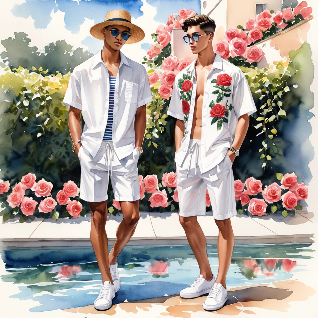 candid fashion illustration of young Mixed race 2man, both aged 18-23 year old, ((showcase fashion look book in White linen outfits)), the design inspired by David Austin Rose, in elegant chic style. The man wears an oversized short-sleeved shirt with a minimal rose embroidery details, paired with relaxed-fit white Short with Drawstring, He completes his look with white sneakers and round glasses. The boyfriend complements him in a skinny fitted speedo in a stripe pattren, semi bulge, He resemble includes an accessorizes with a brimmed straw hat and white sneakers, Captured in a low angle, ((full-body image)), ((roses drawing in water color in background)), fashion sketching, realistic drawing, ((imperfect water color drawing)), fashion look book, fashion illustrator, fashion sketch design, gay, gay couple,