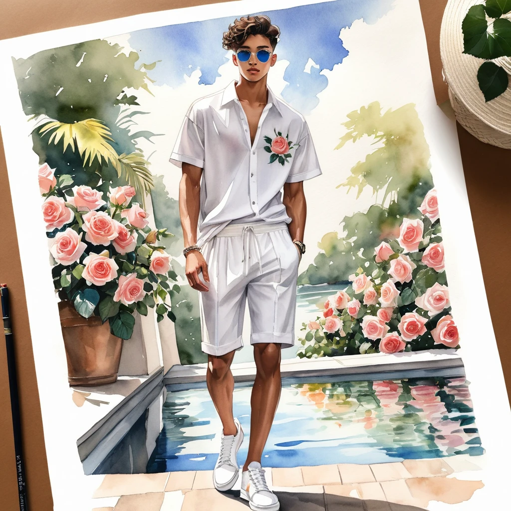 candid fashion illustration of young Mixed race 2man, both aged 18-23 year old, ((showcase fashion look book in White linen outfits)), the design inspired by David Austin Rose, in elegant chic style. The man wears an oversized short-sleeved shirt with a minimal rose embroidery details, paired with relaxed-fit white Short with Drawstring, He completes his look with white sneakers and round glasses. The boyfriend complements him in a  skinny fitted speedo in a stripe pattren, semi bulge, He resemble includes an accessorizes with a brimmed straw hat and white sneakers, Captured in a low angle, ((full-body image)), ((roses drawing in water color in background)), fashion sketching, realistic drawing, ((imperfect water color drawing)), fashion look book, fashion illustrator, fashion sketch design, gay, gay couple,