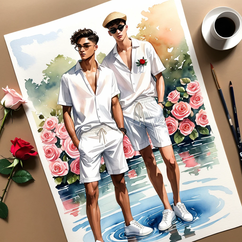 candid fashion illustration of young Mixed race 2man, both aged 18-23 year old, ((showcase fashion look book in White linen outfits)), the design inspired by David Austin Rose, in elegant chic style. The man wears an oversized short-sleeved shirt with a minimal rose embroidery details, paired with relaxed-fit white Short with Drawstring, He completes his look with white sneakers and round glasses. The boyfriend complements him in a skinny fitted speedo in a stripe pattren, semi bulge, He resemble includes an accessorizes with a brimmed straw hat and white sneakers, Captured in a low angle, ((full-body image)), ((roses drawing in water color in background)), fashion sketching, realistic drawing, ((imperfect water color drawing)), fashion look book, fashion illustrator, fashion sketch design, gay, gay couple,