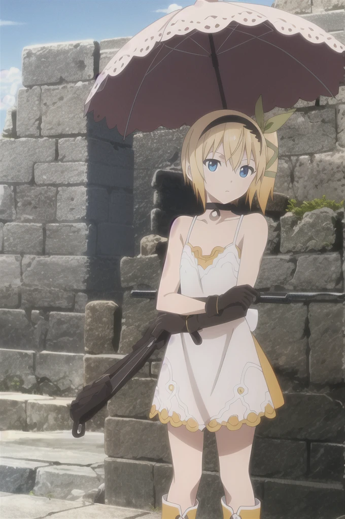 ((masterpiece)),((Highest quality)),Very detailed,Raise awareness,Explicit,beautiful body,beautiful Nose,beautiful character design,Perfect Eyes,Perfect Face,wallpaper,Ultra-high resolution,4K,photograph,(beautiful,Small breasts:1.2),(beautiful顔:1.2),beautiful足,Perfect Legs,Shiny skin,Official Style,Browsing Caution,Official Art,Create a screen capture,Anime Coloring,
One Girl,alone,umbrella,blonde,short hair,choker,Side Ponytail,ribbon,blue eyes,black choker,gloves,leg ribbon,片手gloves,hair band,whole body,hair ribbon,dress,View your audience,tress ribbon,boots,Are standing,white dress,skirt,clavicle,Beach,Outdoor,Day,