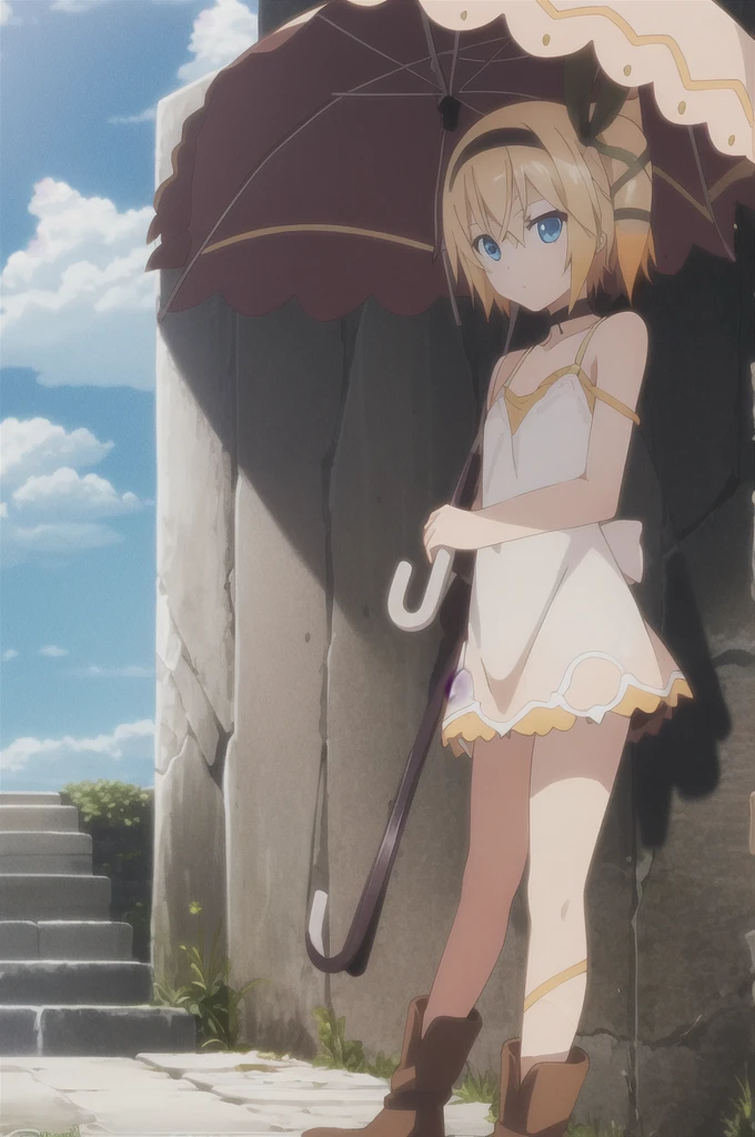 ((masterpiece)),((Highest quality)),Very detailed,Raise awareness,Explicit,beautiful body,beautiful Nose,beautiful character design,Perfect Eyes,Perfect Face,wallpaper,Ultra-high resolution,4K,photograph,(beautiful,Small breasts:1.2),(beautiful顔:1.2),beautiful足,Perfect Legs,Shiny skin,Official Style,Browsing Caution,Official Art,Create a screen capture,Anime Coloring,
One Girl,alone,umbrella,blonde,short hair,choker,Side Ponytail,ribbon,blue eyes,black choker,gloves,leg ribbon,片手gloves,hair band,whole body,hair ribbon,dress,View your audience,tress ribbon,boots,Are standing,white dress,skirt,clavicle,Beach,Outdoor,Day,