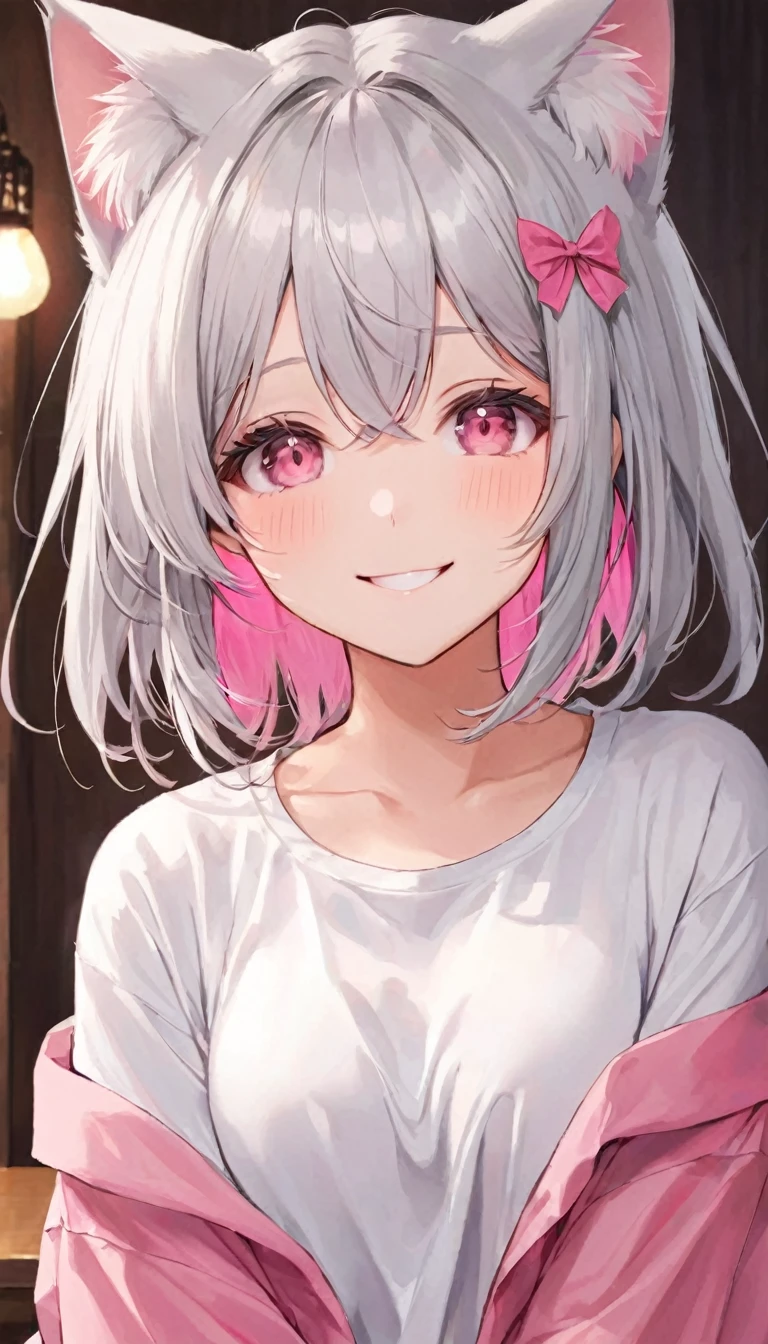 Medium chest,pretty girl,smile,Longing eyes,Cat ear, Beautiful silver hair,Pink inside,Beautiful pink eyes, Oversized shirt,