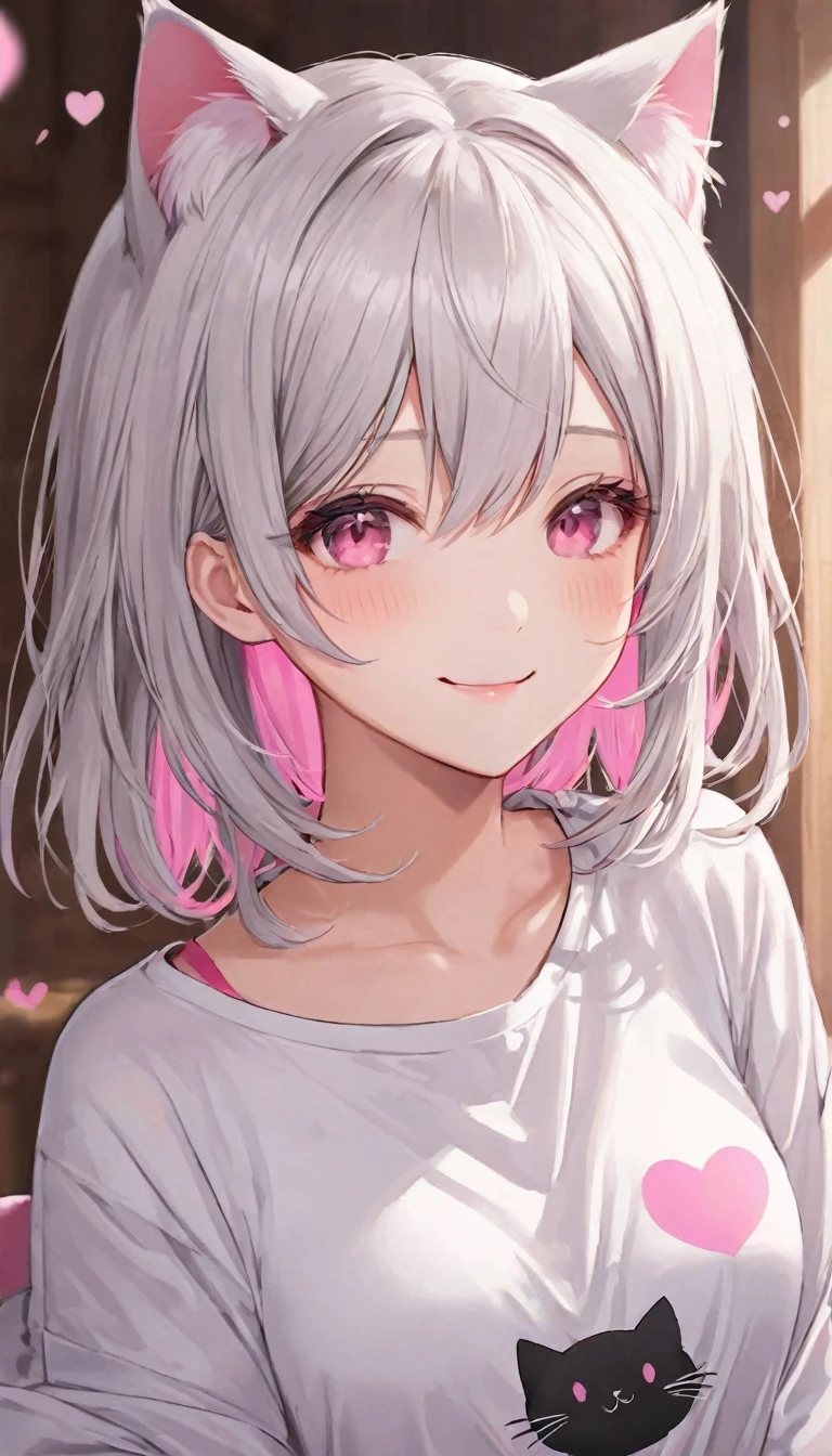 Medium chest,pretty girl,smile,Longing eyes,Cat ear, Beautiful silver hair,Pink inside,Beautiful pink eyes, Oversized shirt,