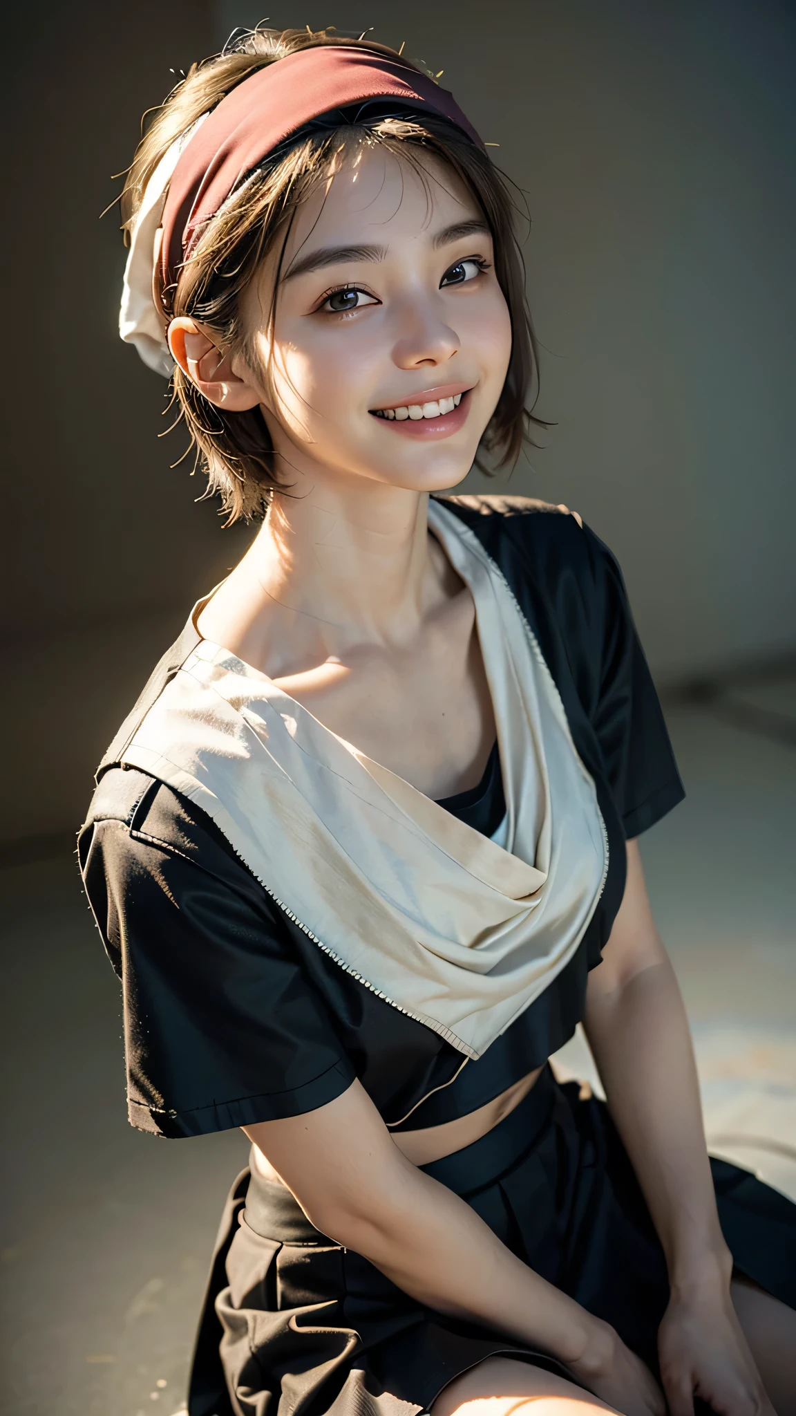 highest quality, masterpiece, ultra high resolution, (realistic:1.4), (portrait facing each other) Raw photo, 1 girl, 20-year-old,((miniskirt uniform)),((Short hair and bandana)),((looking up at the viewer)),realistic,((Simple solid color background)), picture media chest)),((toothy smile)),