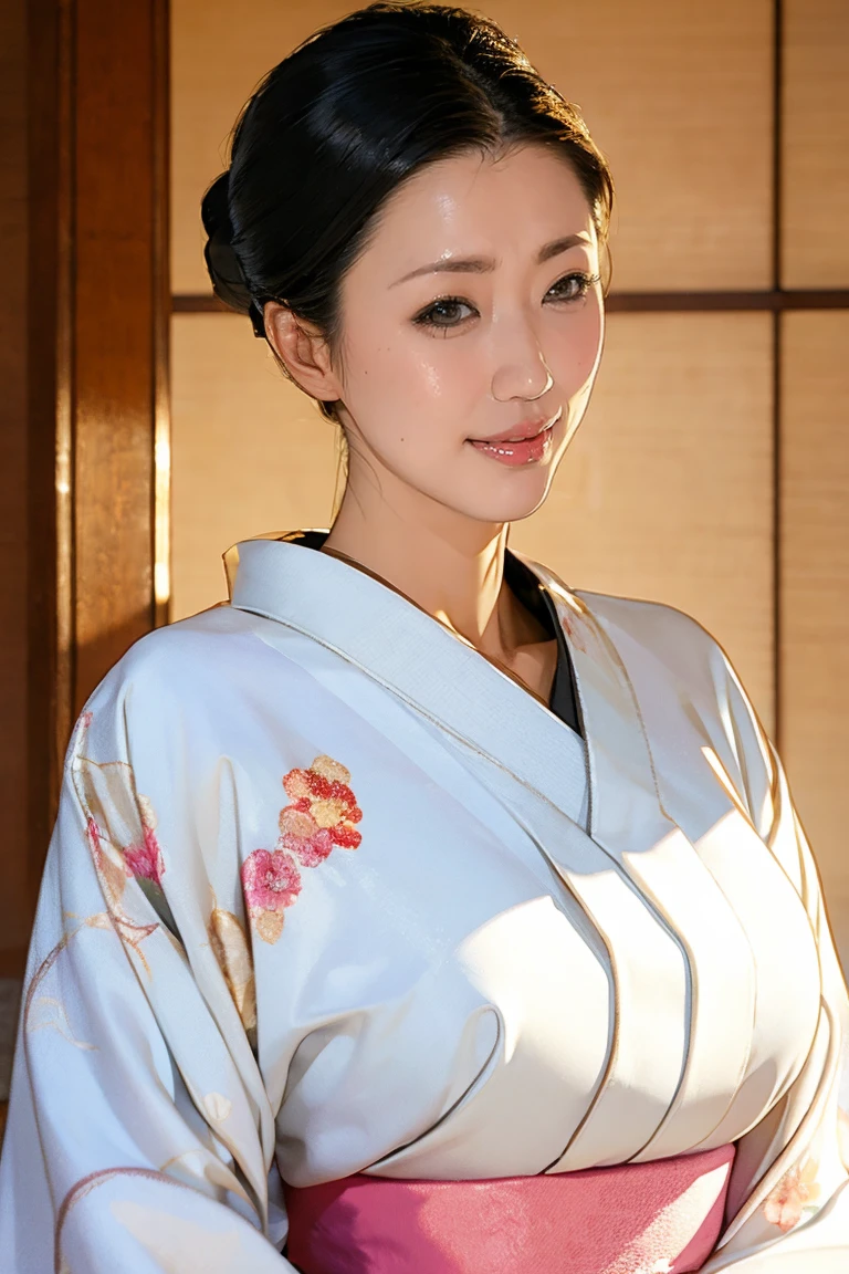 (Highest quality、Tabletop、8K、Best image quality、Award-winning works)、(1 Beautiful Mature Woman:1.1)、(Innkeeper:1.1)、(Elegant white floral kimono:1.2)、(A kimono with a perfect and accurate collar:1.2)、Perfect Mature Woman Portrait Photo、Glowing Skin、Standing Elegantly、(Blurred elegant and elaborate perfect Japanese style room background:1.3)、(The most natural and perfect tidy Japanese-style room background:1.2)、(Elegant and luxurious Japanese style room background:1.1)、Glowing White Skin、Very white skin、(Accentuate your body lines:1.1)、(The most elegant posture:1.2)、(Large Breasts:1.2)、(Chignon:1.2)、(Voluptuous body:1.2)、(Accurate ???????:1.4)、(A smile staring at me:1.3)、(Stand classy:1.3)