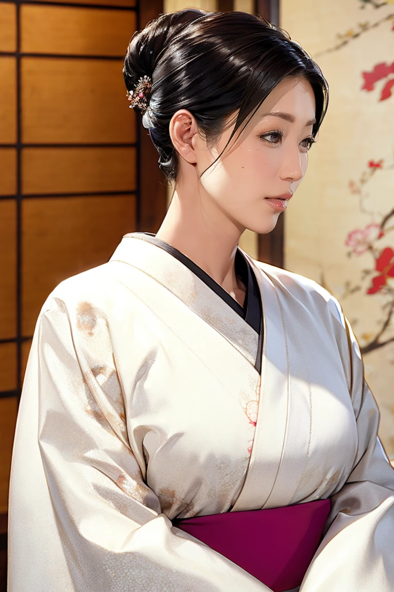 (Highest quality、Tabletop、8K、Best image quality、Award-winning works)、(1 Beautiful Mature Woman:1.1)、(Innkeeper:1.1)、(Elegant white floral kimono:1.2)、(A kimono with a perfect and accurate collar:1.2)、Perfect Mature Woman Portrait Photo、Glowing Skin、Standing Elegantly、(Blurred elegant and elaborate perfect Japanese style room background:1.3)、(The most natural and perfect tidy Japanese-style room background:1.2)、(Elegant and luxurious Japanese style room background:1.1)、Glowing White Skin、Very white skin、(Accentuate your body lines:1.1)、(The most elegant posture:1.2)、(Large Breasts:1.2)、(Chignon:1.2)、(Voluptuous body:1.2)、(Accurate anatomy:1.4)、(A smile staring at me:1.3)、(Stand classy:1.3)