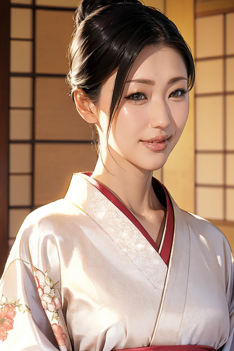(Highest quality、Tabletop、8K、Best image quality、Award-winning works)、(1 Beautiful Mature Woman:1.1)、(Innkeeper:1.1)、(Elegant white floral kimono:1.2)、(A kimono with a perfect and accurate collar:1.2)、Perfect Mature Woman Portrait Photo、Glowing Skin、Standing Elegantly、(Blurred elegant and elaborate perfect Japanese style room background:1.3)、(The most natural and perfect tidy Japanese-style room background:1.2)、(Elegant and luxurious Japanese style room background:1.1)、Glowing White Skin、Very white skin、(Accentuate your body lines:1.1)、(The most elegant posture:1.2)、(Large Breasts:1.2)、(Chignon:1.2)、(Voluptuous body:1.2)、(Accurate anatomy:1.4)、(A smile staring at me:1.3)、(Stand classy:1.3)