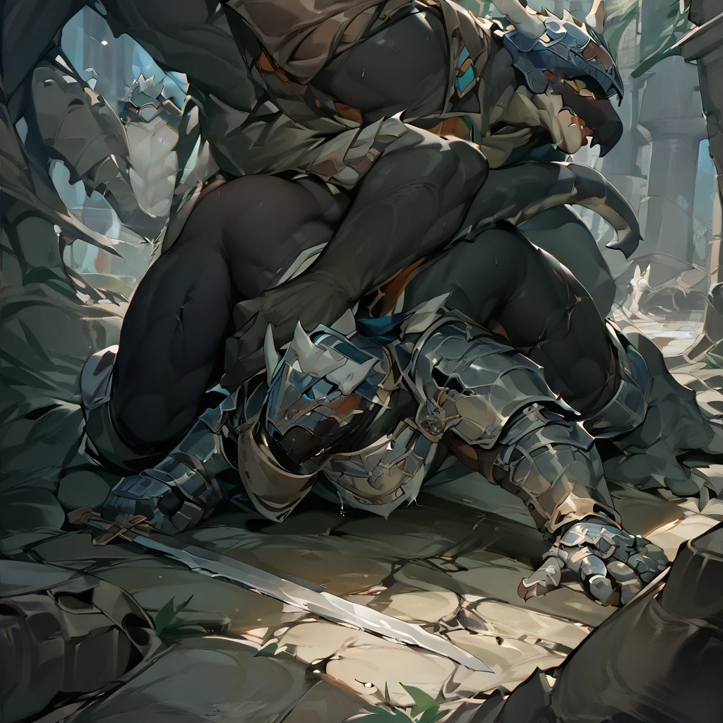 （A defeated boy knight and several lizardmen）、The boy is wearing a helmet、Black body、White belly、Toned body、Two white horns、ruins、cool、Broken Armor、Sword stuck in the ground、((On all fours、((((Being fucked from behind、))))、A lot of semen、Intense 、))、Erect penis、