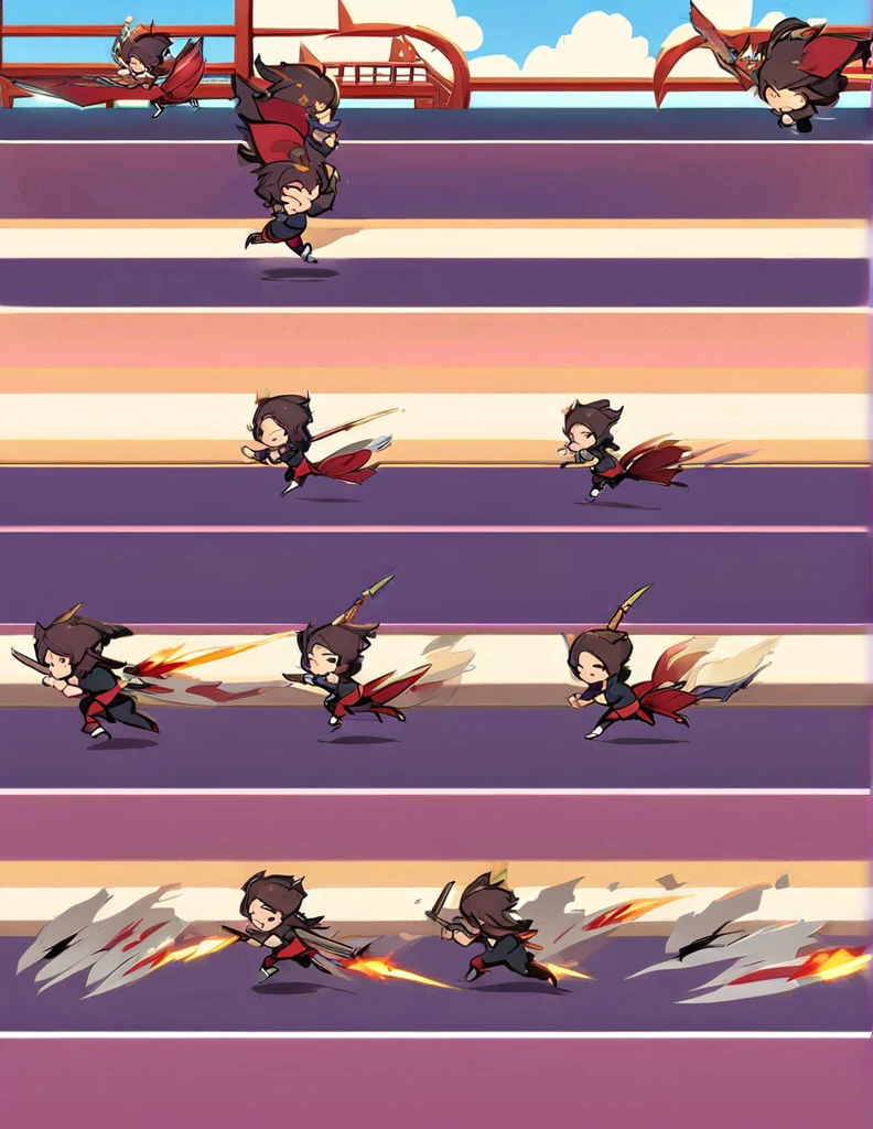 Create a sprite sheet for character animations that includes frames for movement, running, jumping, sword attack, spear attack, and bow attack. of an hudied assasin , clear art , hd qualite