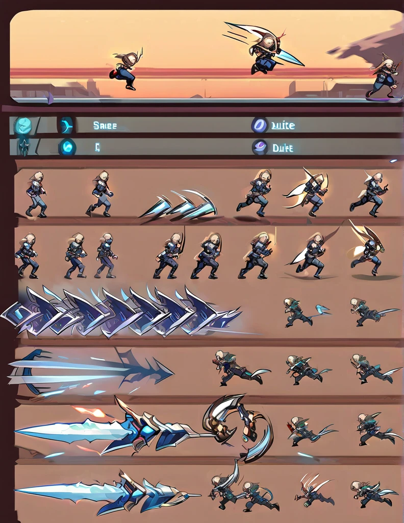 Create a sprite sheet for character animations that includes frames for movement, running, jumping, sword attack, spear attack, and bow attack. of an hudied assasin , clear art , hd qualite