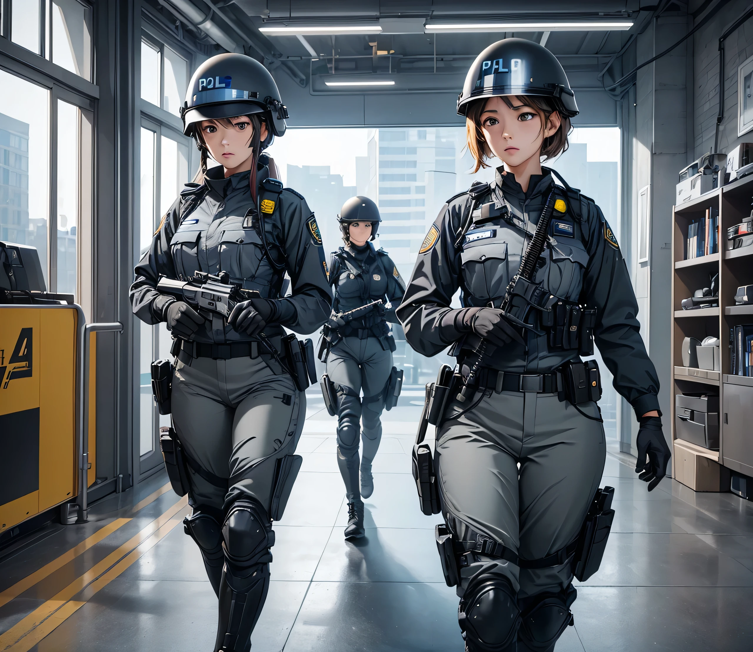 A group of female police officers all wearing gray M-51 police uniforms、Full helmet、Police pants、Inside the base、Write details、masterpiece、best quality、Highly detailed CG、8K picture quality