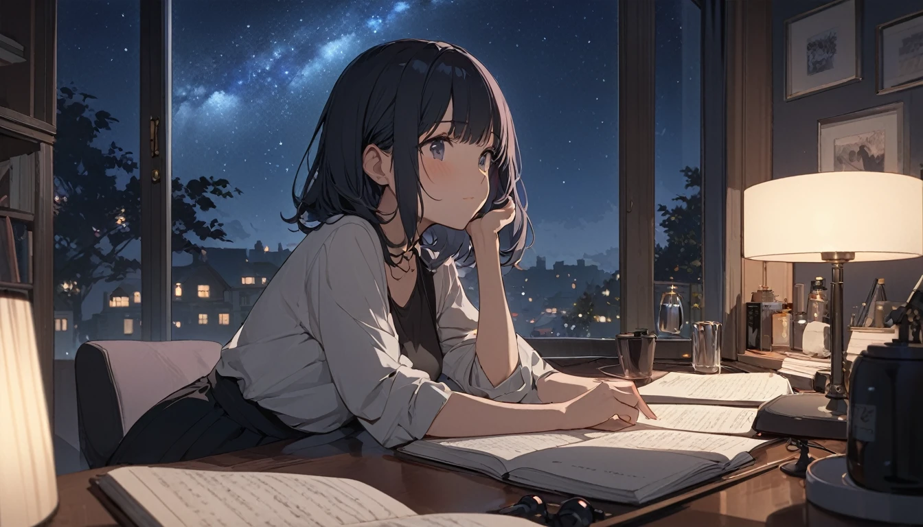 ((Highest quality)), ((masterpiece)), ((detailed)), Perfect Face, Perfect body,Listen to jazz,Study in the room,girl,The night sky spreads out in the background,In the upper right「LOFI」Described as