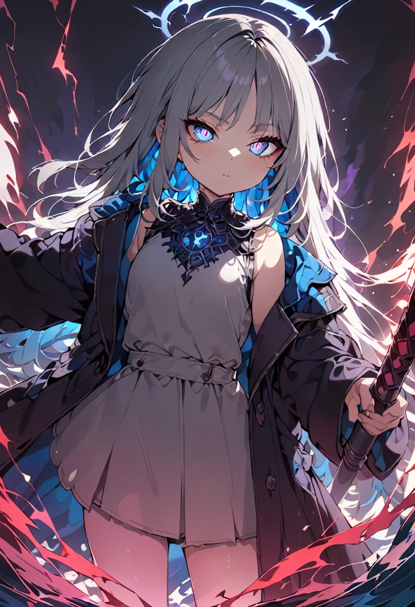 elementary, Shadow Surrounding Girl, lightning, Green Aura, Red aura, Purple aura, Flames surrounding the girl, masterpiece, Dark Theme, Highest quality, Maximum details, Very fine eye, Professional coloring, cinematic lightning, Remaining, Written boundary depth, Backlight, One Girl, Young girl, Silver Hair, Long Hair, Black glowing halo, Shining blue sea, Blue Flame, Fantasy style costumes, Black long coat, shirt, Black trousers, Swinging a thin black long sword, Expressionless, Purple left eye and blue right eye, Odd Eye, Glowing Eyes