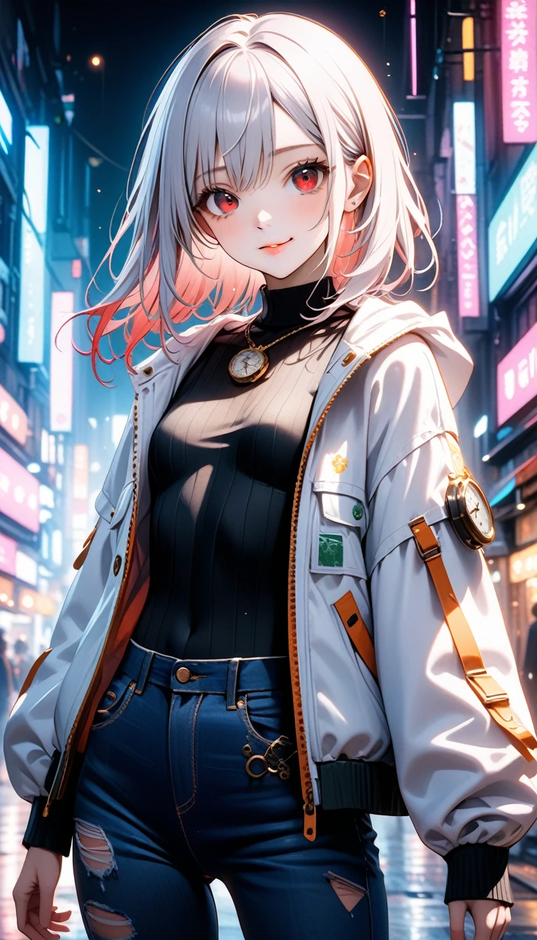 1girl, 15 years old, slim, small breasts, white hair, hairs between eyes, shoulder length hair, pale skin, bright red eye:1.3, white duffle coat and long-sleeve black sweater, open jacket, jeans, gold pocket watches hanging from the neck, BREAK kawaii, smile, cowboy shot, pose, (cyberpunk:1.3), city, neon light, (light particle:1.3), BREAK detailed face, smooth skin, cinematic lighting, volumetric shadow, BREAK 3D CG illustration, score_9, score_8_up, score_7_up, (masterpiece:1.2), (best quality:1.2), (very aesthetic:1.2), (absurdres:1.2), (detailed background), newest, (intricate:1.2), ai-generated, BREAK