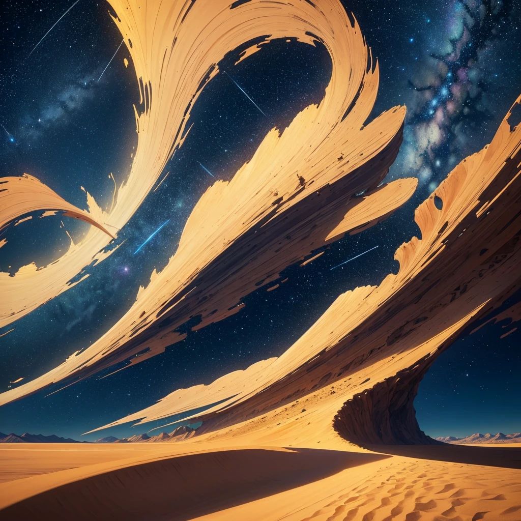 A vast landscape of a huge desert, in the foreground we have large and beautiful sand dunes, the sand is too fine, The colors of this sand are warm and earthy colors, It gives the impression that they move in a zig zag pattern in the wind., In the background, you can see huge mountains that combine with the image and the third plane is a beautiful night sky where you can see constellations of stars that shine in multiple colors, generating an atmosphere of something never before seen by humans., from another world. ((high quality)) ((Masterpiece)) ((Photography)) ((high resolution)) ((HD))