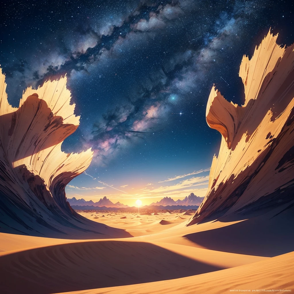 A vast landscape of a huge desert, in the foreground we have large and beautiful sand dunes, the sand is too fine, The colors of this sand are warm and earthy colors, It gives the impression that they move in a zig zag pattern in the wind., In the background, you can see huge mountains that combine with the image and the third plane is a beautiful night sky where you can see constellations of stars that shine in multiple colors, generating an atmosphere of something never before seen by humans., from another world. ((high quality)) ((Masterpiece)) ((Photography)) ((high resolution)) ((HD))