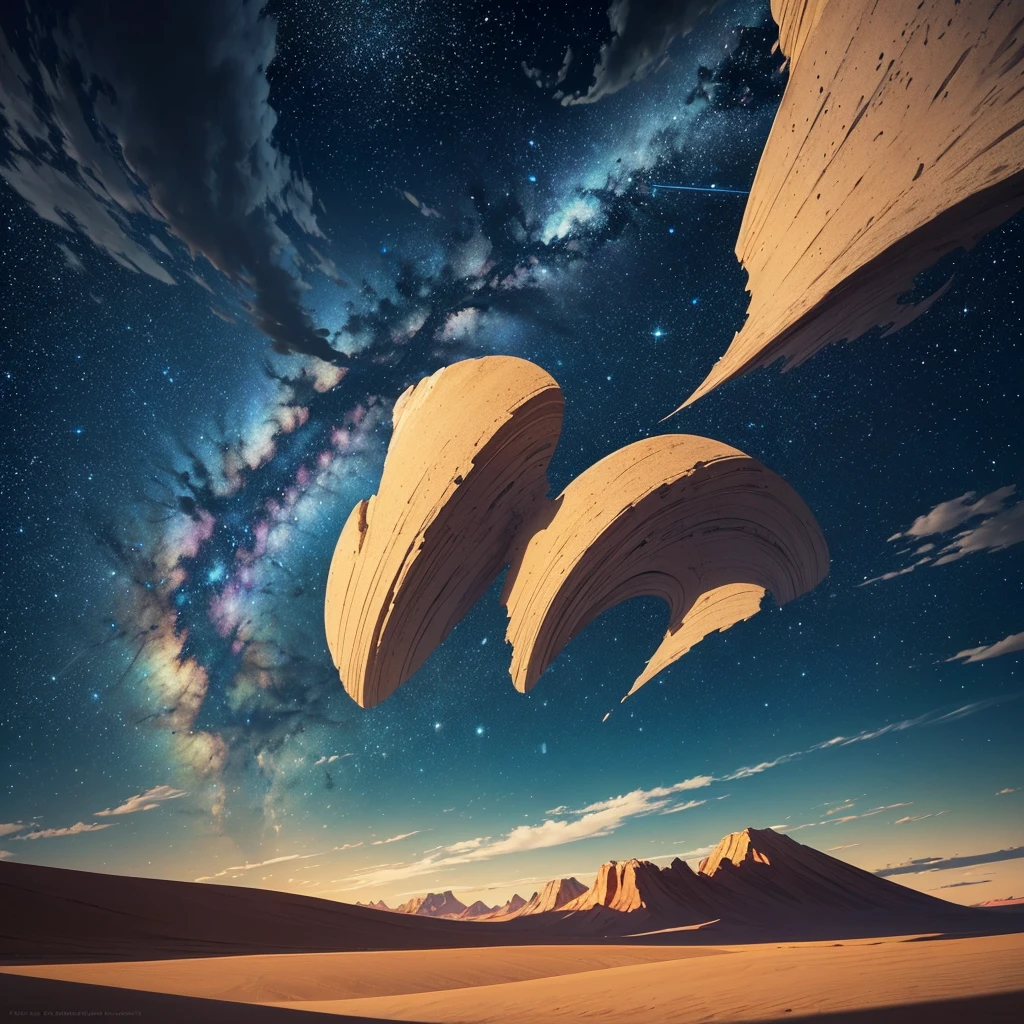 A vast landscape of a huge desert, in the foreground we have large and beautiful sand dunes, the sand is too fine, The colors of this sand are warm and earthy colors, It gives the impression that they move in a zig zag pattern in the wind., In the background, you can see huge mountains that combine with the image and the third plane is a beautiful night sky where you can see constellations of stars that shine in multiple colors, generating an atmosphere of something never before seen by humans., from another world. ((high quality)) ((Masterpiece)) ((Photography)) ((high resolution)) ((HD))