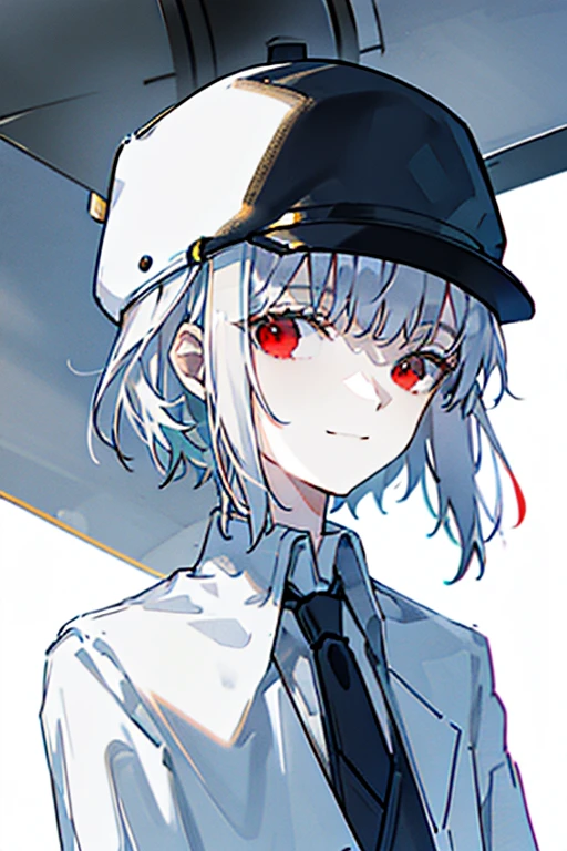 {solo},[[[[[White background]]]]],Face Focus, [[[[[[[[Wolfhair]]]]]]]],short-hair,[[[[[Simple background]]]]]、[[[Standing Picture]]],top-quality, A detailed face,Casket,Black hat,Uniforms, jaket, white  shirt, neck tie,High school students、18year old、White hair, bangss, side locks, Red eyes, smile、confident facial expression