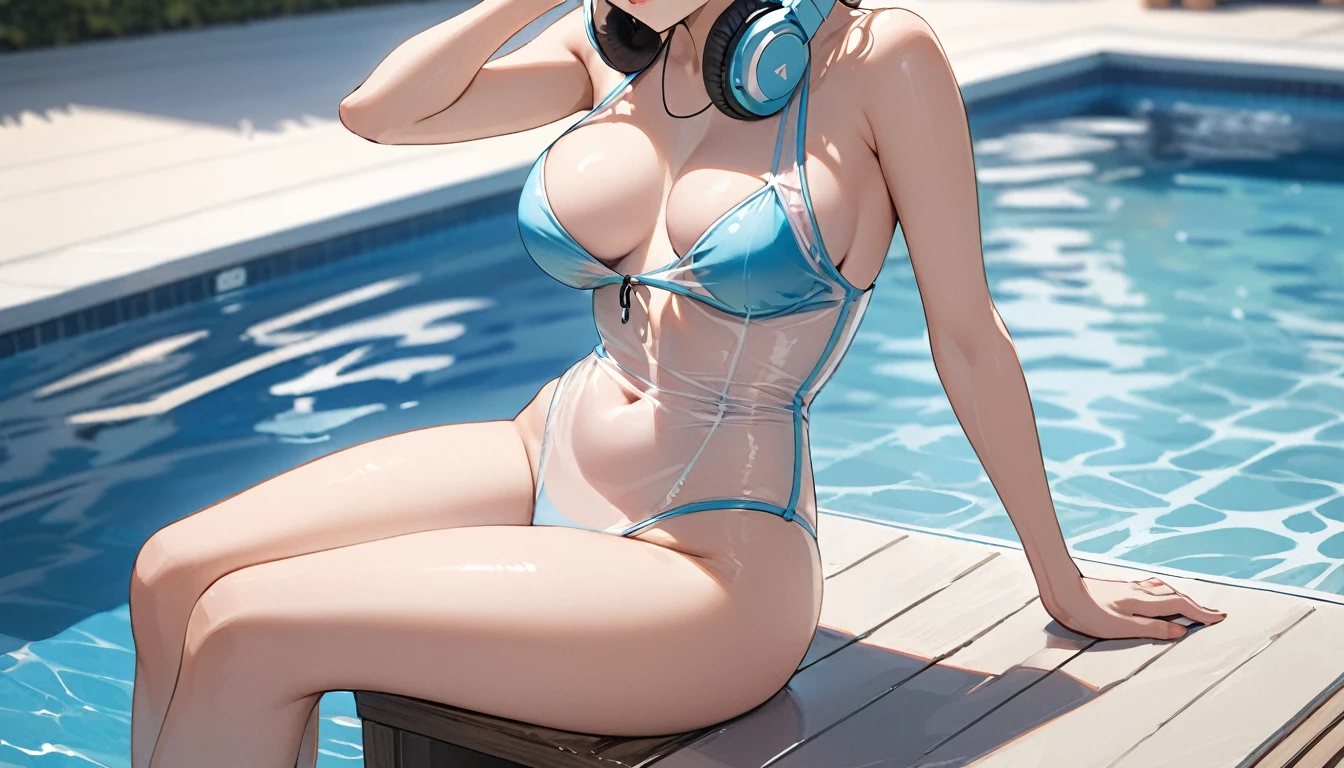 ((Top Quality)), ((Masterpiece)), ((Details)), perfect face, perfect body, sitting by the pool, listening to music, wearing headphones, wearing swimsuit, transparent swimsuit, wearing clothes exposing tight hips and breasts Woman with face visible, sitting with legs apart