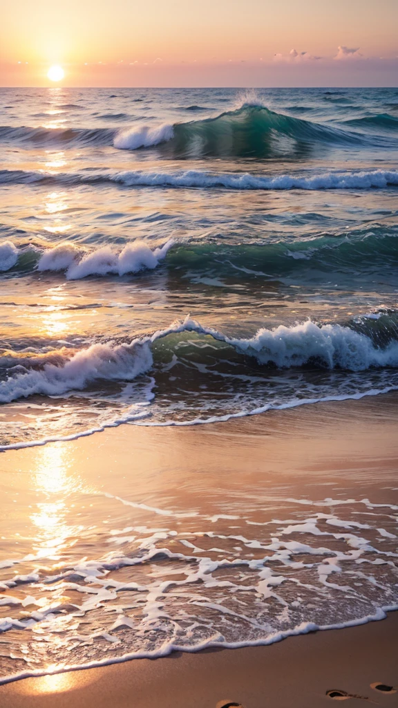 Sunset，A small wave is coming towards the beach, early morning sunrise, Beach sunset, early morning, shutter, The picture shows the beach at sunset, Peaceful beach setting, Sunrise in the morning, Beach sunset背景, early morning, Prime hour in the morning, early morning mood, Beach sunset, Beautiful morning, At sunrise, Sunset的海滩