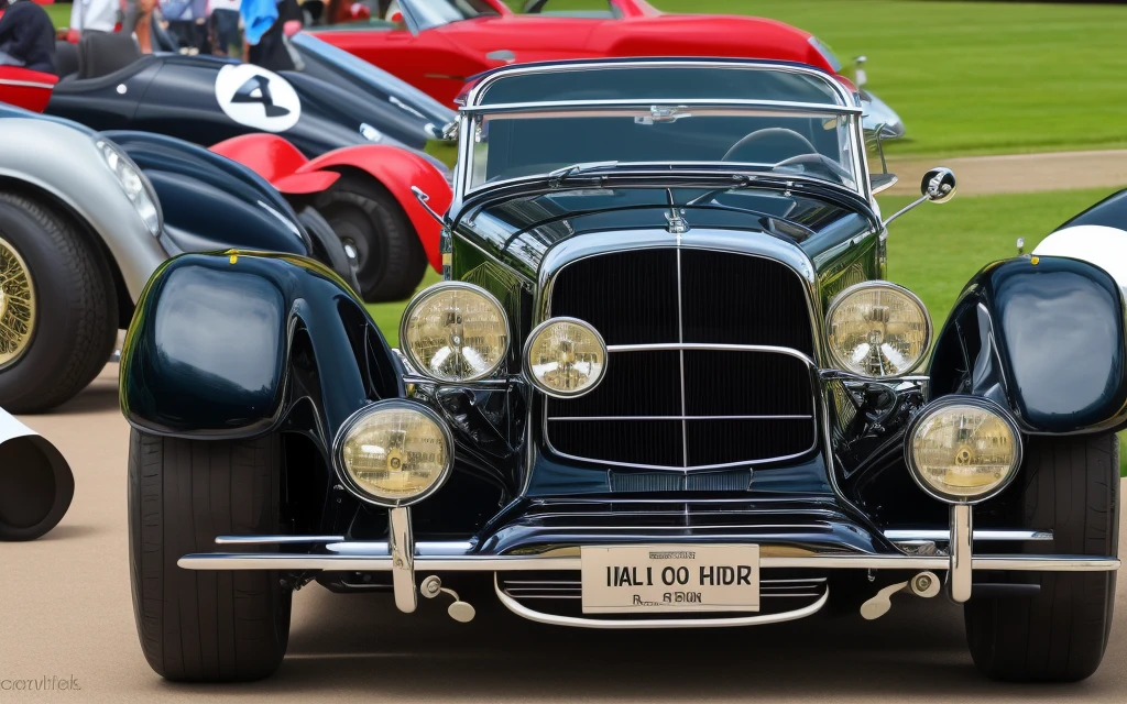 Create an image of several classic cars displayed in a concours d'elegance in an elegant historic garden, rodeados de exuberantes paisajes y arquitectura impresionante. Enfoca los autos en el centro de la imagen, capturing its timeless beauty and the refined atmosphere of the event.