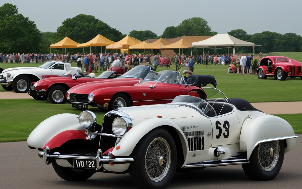 Create an image of several classic cars displayed in a concours d'elegance in an elegant historic garden, rodeados de exuberantes paisajes y arquitectura impresionante. Enfoca los autos en el centro de la imagen, capturing its timeless beauty and the refined atmosphere of the event.