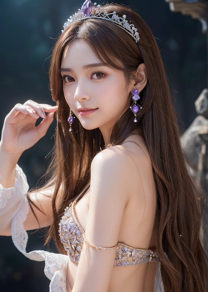 Flat Chest、(Slim body）、((Slim body))、Long Hair,masterpiece,diamond、big diamond necklace、Earrings,background of fantasy,(((Brown Hair)))、美しいきらめくcrystal玉, mystical 、Magic Ball、crystal、Fortune telling、Magical fantasy enchanted ethereal, Cinematic shots, Movie Scenes, amazing, Breathtakingly beautiful, A magical feeling in the air, A gentle smile、Wearing an amethyst tiara、Magical fantasy, Diffuse lighting、 Highest quality, High resolution, unity 8k wallpaper, (shape:0.8), (Beautiful details:1.6), Highly detailed face, Mr.々A gem、crystalからLight線、Light、whole body、turn around and look back、