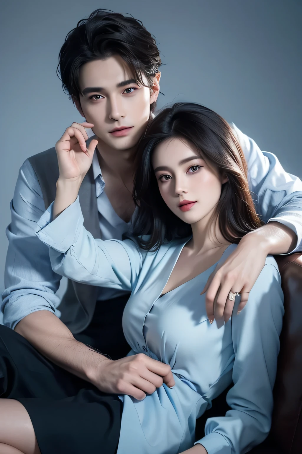 Modern. Casual wear. Elegant couple, masculie man (mature) and beautiful girl. Dark hair color. Very deatiled face. pretty eyes (perfect eyes). 8K resolution. Masterpiece. Romantic, love, glowing light. Look at the viewer. Blue petals. Pastel color.