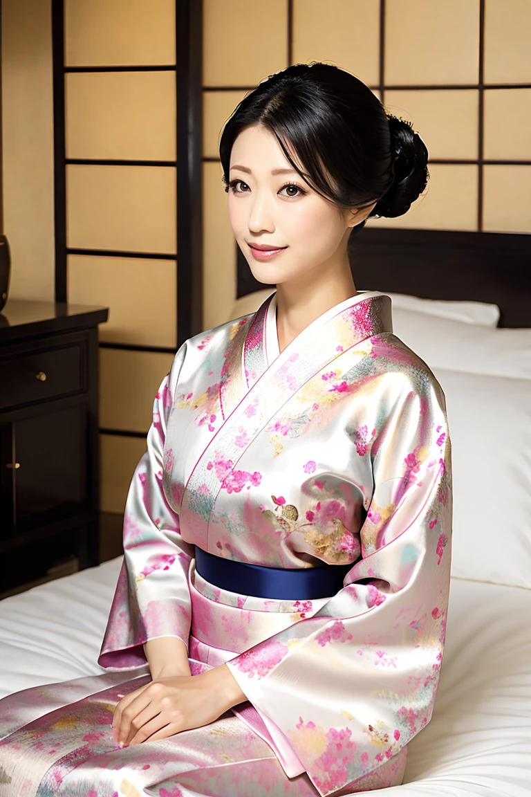 (Highest quality、Tabletop、8K、Best image quality、Award-winning works)、(1 Beautiful Mature Woman:1.1)、(Innkeeper:1.1)、(Elegant floral kimono:1.2)、(A kimono with a perfect and accurate collar:1.2)、Perfect Mature Woman Portrait Photo、Glowing Skin、Standing Elegantly、(Blurred elegant and elaborate perfect Japanese style room background:1.3)、(The most natural and perfect tidy Japanese-style room background:1.2)、(Elegant and luxurious Japanese style room background:1.1)、Glowing White Skin、Very white skin、(Accentuate your body lines:1.1)、(The most elegant posture:1.2)、(Large Breasts:1.2)、(Chignon:1.2)、(Accurate anatomy:1.2)、(Staring at me:1.5)、(Sit elegantly in the bedroom:1.4)、(Sit on a fancy futon:1.3)