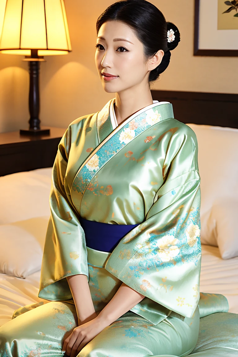 (Highest quality、Tabletop、8K、Best image quality、Award-winning works)、(1 Beautiful Mature Woman:1.1)、(Innkeeper:1.1)、(Elegant floral kimono:1.2)、(A kimono with a perfect and accurate collar:1.2)、Perfect Mature Woman Portrait Photo、Glowing Skin、Standing Elegantly、(Blurred elegant and elaborate perfect Japanese style room background:1.3)、(The most natural and perfect tidy Japanese-style room background:1.2)、(Elegant and luxurious Japanese style room background:1.1)、Glowing White Skin、Very white skin、(Accentuate your body lines:1.1)、(The most elegant posture:1.2)、(Large Breasts:1.2)、(Chignon:1.2)、(Accurate anatomy:1.2)、(Staring at me:1.5)、(Sit elegantly in the bedroom:1.4)、(Sit on a fancy futon:1.3)