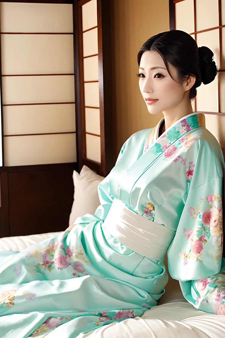 (Highest quality、Tabletop、8K、Best image quality、Award-winning works)、(1 Beautiful Mature Woman:1.1)、(Innkeeper:1.1)、(Elegant floral kimono:1.2)、(A kimono with a perfect and accurate collar:1.2)、Perfect Mature Woman Portrait Photo、Glowing Skin、Standing Elegantly、(Blurred elegant and elaborate perfect Japanese style room background:1.3)、(The most natural and perfect tidy Japanese-style room background:1.2)、(Elegant and luxurious Japanese style room background:1.1)、Glowing White Skin、Very white skin、(Accentuate your body lines:1.1)、(The most elegant posture:1.2)、(Large Breasts:1.2)、(Chignon:1.2)、(Accurate anatomy:1.2)、(Staring at me:1.5)、(Sit elegantly in the bedroom:1.4)、(Sit on a fancy futon:1.3)