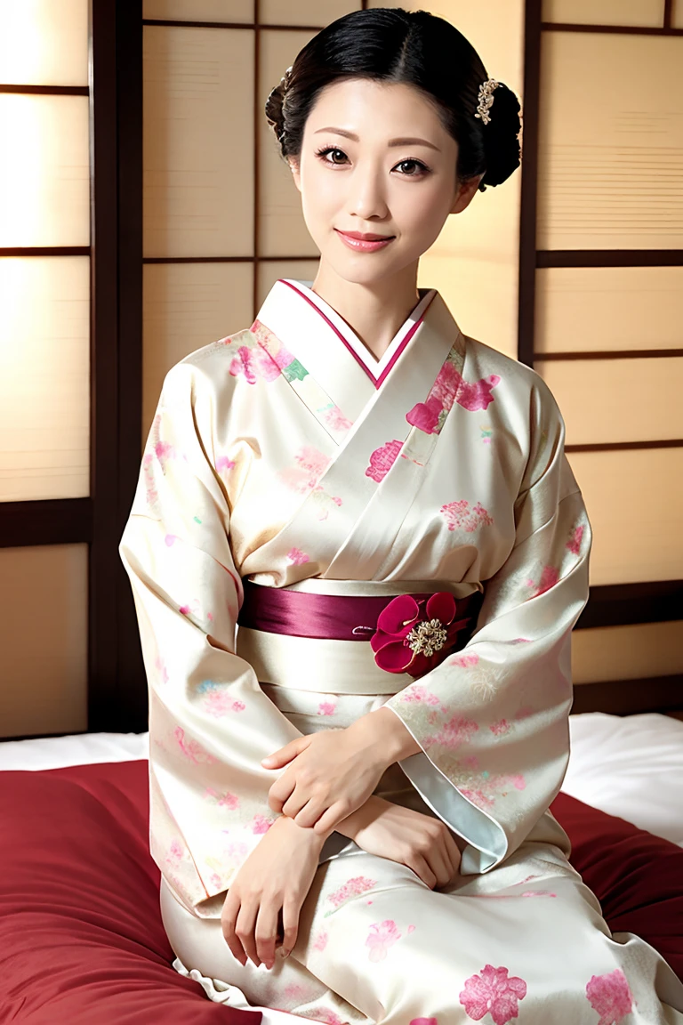(Highest quality、Tabletop、8K、Best image quality、Award-winning works)、(1 Beautiful Mature Woman:1.1)、(Innkeeper:1.1)、(Elegant floral kimono:1.2)、(A kimono with a perfect and accurate collar:1.2)、Perfect Mature Woman Portrait Photo、Glowing Skin、Standing Elegantly、(Blurred elegant and elaborate perfect Japanese style room background:1.3)、(The most natural and perfect tidy Japanese-style room background:1.2)、(Elegant and luxurious Japanese style room background:1.1)、Glowing White Skin、Very white skin、(Accentuate your body lines:1.1)、(The most elegant posture:1.2)、(Large Breasts:1.2)、(Chignon:1.2)、(Accurate anatomy:1.2)、(Staring at me:1.5)、(Sit elegantly in the bedroom:1.4)、(Sit on a fancy futon:1.3)