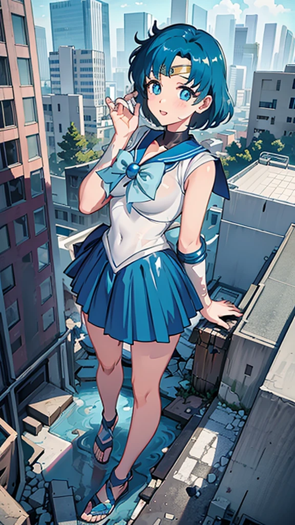 Anime style beauty masterpiece Unreal Engine precision cute girl Giant girl (Ami Mizuno in skyscraper) Short blue hair Sailor Mercury uniform ((Aerial view)) Flood Heavy rain Torrential rain Cloudy sky Dark sky Collapsed building Destroyed ((Destroyed buildings) )) ((Destroyed cars)) ((Pile of rubble)) Giant girl on the road of a big city in the 90s Uniform Sneakers ((Cloudy sky)) Female giant Giant girl's whole body Destroyed skyscrapers, destroyed cars, crowd Unreal Engine,