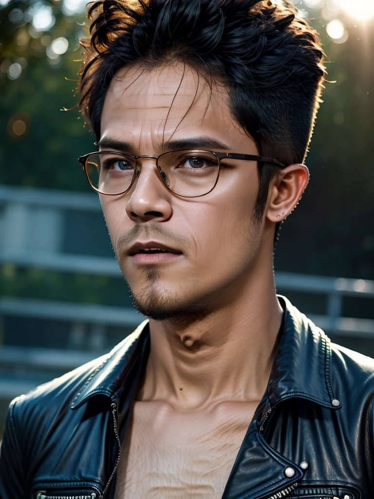 (masterpiece, best quality:1.2), 1man, close up of a man wearing glasses and a leather jacket, CALM look, intense sunlight, PERFECT eyes, finesse, LOOK knowledge, NARAL lighting,  JOYFUL, NATURAL SKIN, focused, hypermasculine, intense color, intricat, HIGH QUAITY, frequency indie album cover, PERFECT HEAD, CORRECT HUMAN FACE, DETAILLED