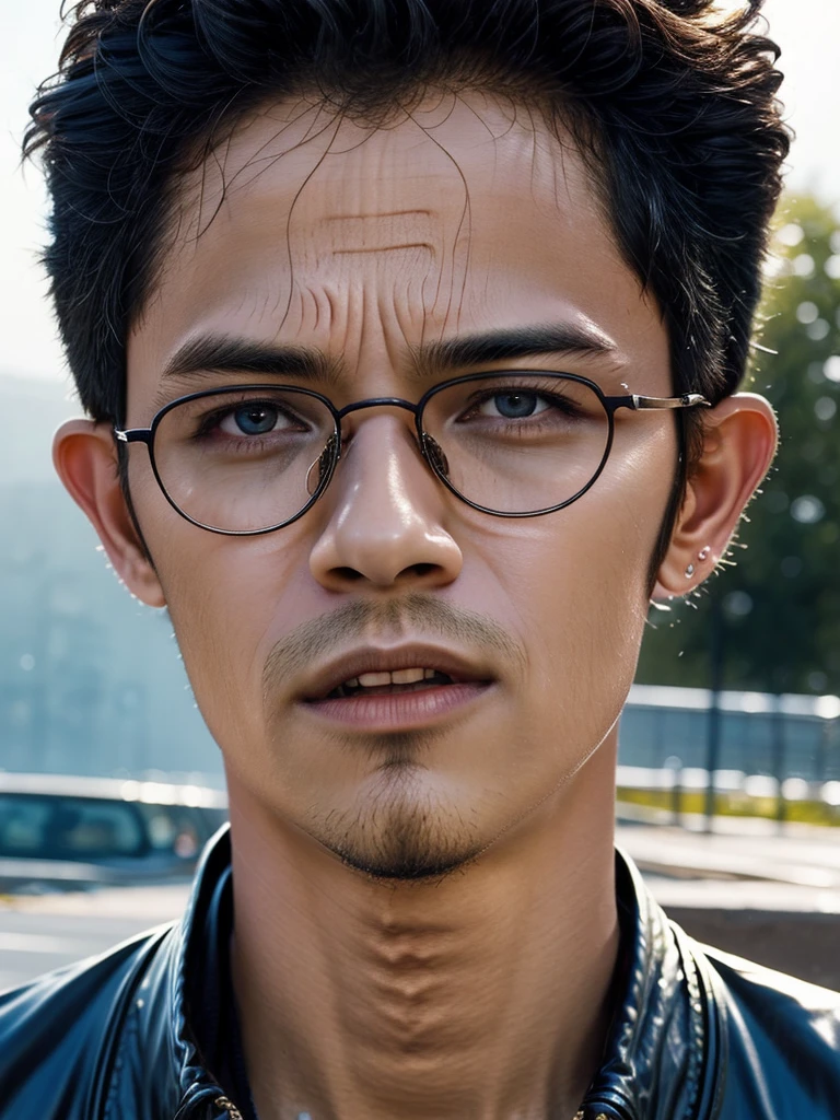 (masterpiece, best quality:1.2), 1man, close up of a man wearing glasses and a leather jacket, CALM look, intense sunlight, PERFECT eyes, finesse, LOOK knowledge, NARAL lighting,  JOYFUL, NATURAL SKIN, focused, hypermasculine, intense color, intricat, HIGH QUAITY, frequency indie album cover, PERFECT HEAD, CORRECT HUMAN FACE, DETAILLED