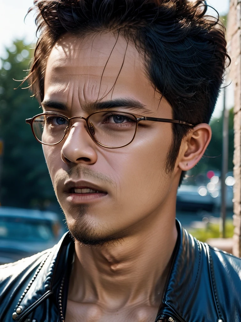 (masterpiece, best quality:1.2), 1man, close up of a man wearing glasses and a leather jacket, CALM look, intense sunlight, PERFECT eyes, finesse, LOOK knowledge, NARAL lighting,  JOYFUL, NATURAL SKIN, focused, hypermasculine, intense color, intricat, HIGH QUAITY, frequency indie album cover, PERFECT HEAD, CORRECT HUMAN FACE, DETAILLED