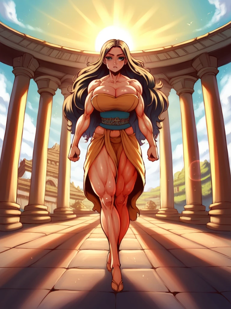 attractive korean woman, ripped muscle, muscular body, small breast, pale skin, smile, nude, sarong, cross necklace, sixpack abs, [ultra detailed skin:1.2], brown hair, wavy hair, 8k uhd, pussy, full body, crowd, public, temple, standing,