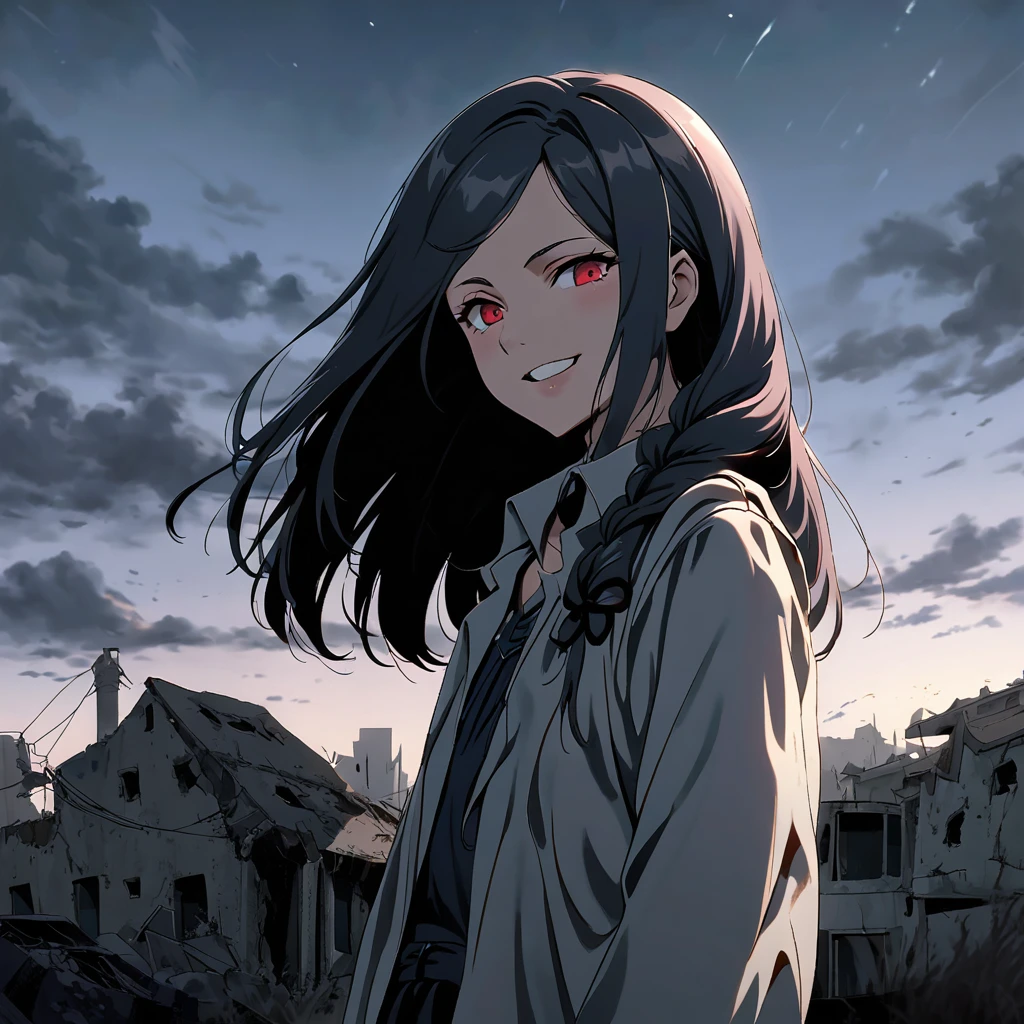  , horrible smile, nasty, olhar malicioso, clayey espressa, morbid abandoned city background with bluish tone with red, dilapidated houses and buildings, ful dressed, straight hair with braid above the shoulder, the night, dark sky.