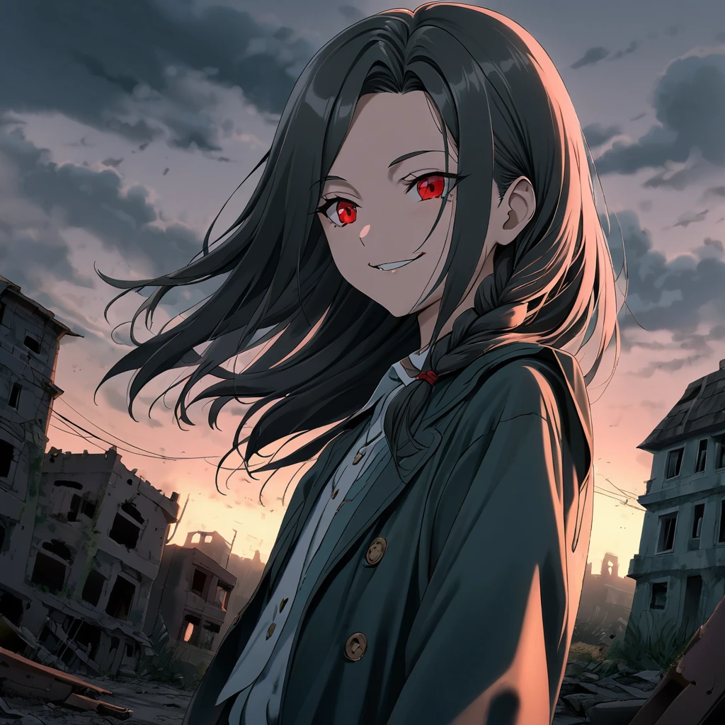 13 year old, horrible smile, nasty, olhar malicioso, clayey espressa, morbid abandoned city background with bluish tone with red, dilapidated houses and buildings, ful dressed, straight hair with braid above the shoulder, the night, dark sky.