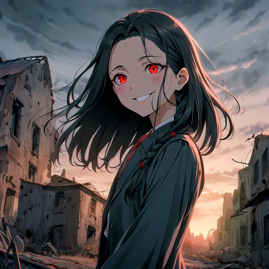  , horrible smile, nasty, olhar malicioso, clayey espressa, morbid abandoned city background with bluish tone with red, dilapidated houses and buildings, ful dressed, straight hair with braid above the shoulder, the night, dark sky.