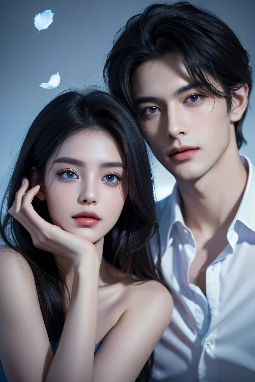 Modern. Casual wear. Elegant couple, masculie man (mature) and beautiful girl. Dark hair color. Very deatiled face. pretty eyes (perfect eyes). 8K resolution. Masterpiece. Romantic, love, glowing light. Look at the viewer. Blue petals. Pastel color.